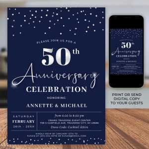 Faire-part 50e anniversaire de mariage - Invitation anniversaire de mariage bleu marine et argent - imprimable et téléchargement numérique - RT1517