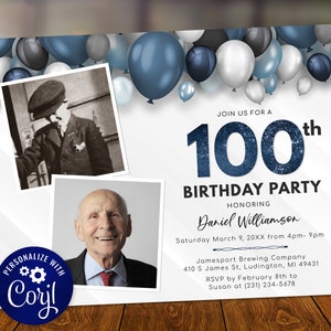 Balloons 100th Birthday Two Photo Invitation - Adult ONE HUNDRED Birthday Invite - Blue & White - Digital INSTANT download B40 BP40C