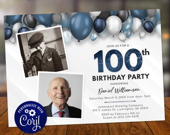 Balloons 100th Birthday Two Photo Invitation - Adult ONE HUNDRED Birthday Invite - Blue & White - Digital INSTANT download B40 BP40C