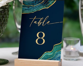 Modern Teal Blue Green and Gold Table Numbers Template - Reception Table Numbers - Table Decor - Digital Instant Download Printable 0300TBG