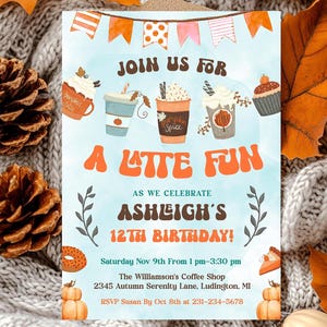 Kaffee Party Geburtstagseinladung - Latte Fun Herbst Geburtstagseinladung für Mädchen - Digital + Printable Download - BK37B