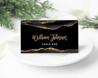 Black and Gold Place Card Template - Editable Tent Card Template Digital Instant Digital Download Printable Editable AGT APBRBG