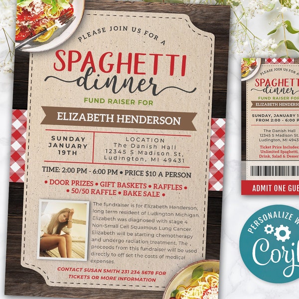 Spaghetti Dinner Fundraiser Benefit Community Church or School Event Poster, Ticket, Invite INSTANT DOWNLOAD Personalize Editable Printable