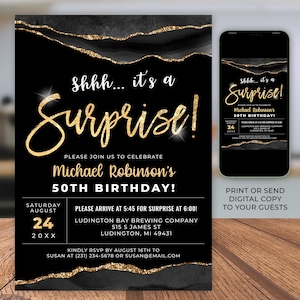 Black and Gold Surprise Birthday Invitation Invite Template - Any Age - Digital Instant Download - Editable Invite - AGT APBRBG