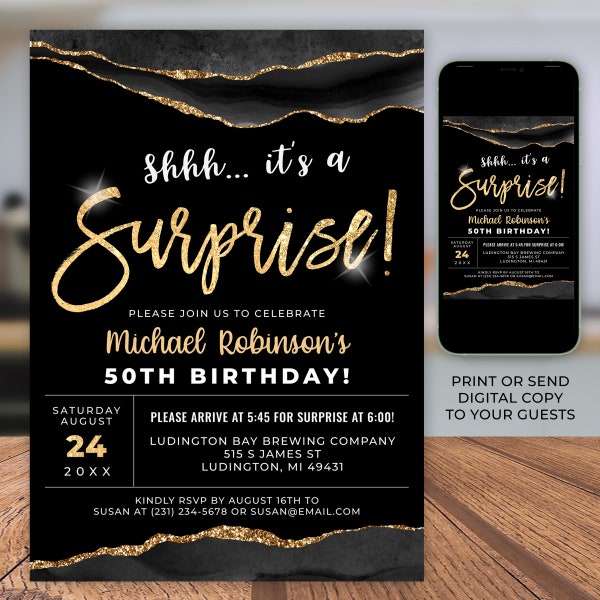 Black and Gold Surprise Birthday Invitation Invite Template - Any Age - Digital Instant Download - Editable Invite - AGT APBRBG