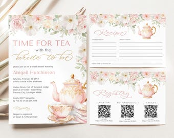 Tea Party Bridal Shower Invitation Suite - Time for Tea with the Bride to Be - Blush Pink Floral Tea Party - Editable Digital Download 5008