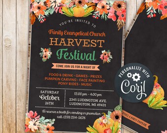 Fall Harvest Festival Invitations Rustic Church Autumn Party Event Invite INSTANT DOWNLOAD Floral Chalk Personalize Editable Printable