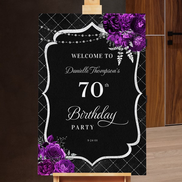 Birthday Welcome Sign Birthday Welcome Poster Black with Silver Glitter and Purple Roses Digital Instant Digital Download BPR BP121