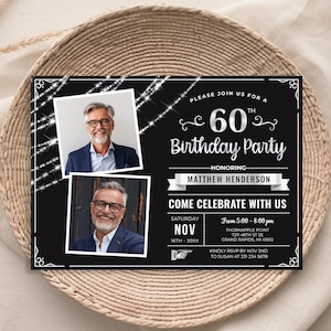 60th Birthday Invitation with 2 Photos - Black and Silver - Editable Digital Download 5x7 + 4x6 - B57 B57D