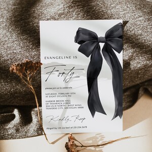 Black Bow Birthday Invitation Template - 40th Birthday Party - Minimalist Black Bow Invite - Editable Digital Download 5011