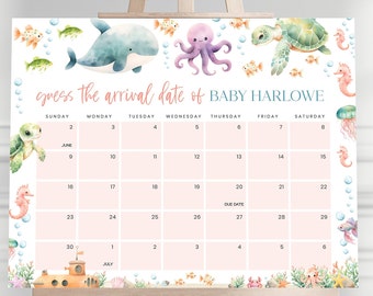 Puede incluir: Un juego de baby shower rosa y azul con un calendario para que los invitados adivinen la fecha de llegada de Baby Harlowe. El calendario está decorado con criaturas marinas como un pulpo, una ballena y una tortuga marina.
