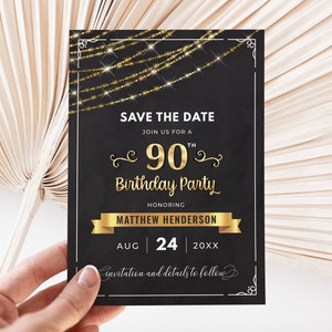 Modello di biglietto Save the Date nero e oro - Save the Date modificabile - Compleanno da donna a uomo - Download digitale modificabile B57 B57S