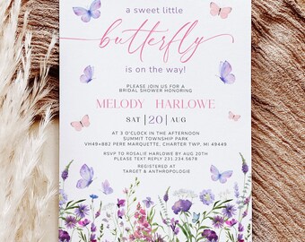 May include: A white bridal shower invitation with pink and purple butterflies and floral accents. The invitation reads "a sweet little butterfly is on the way!" and includes the bride's name, date, and location. RSVP information is also included.