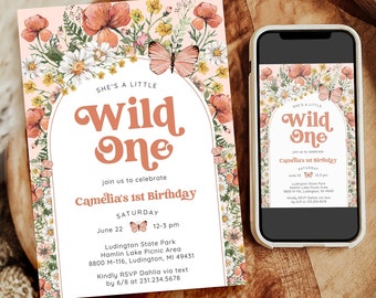 Wildflower 1st Birthday Invitation - Wild One Wildflower Birthday Party - Boho 1st Birthday - Digital and Printable Invite - 1617