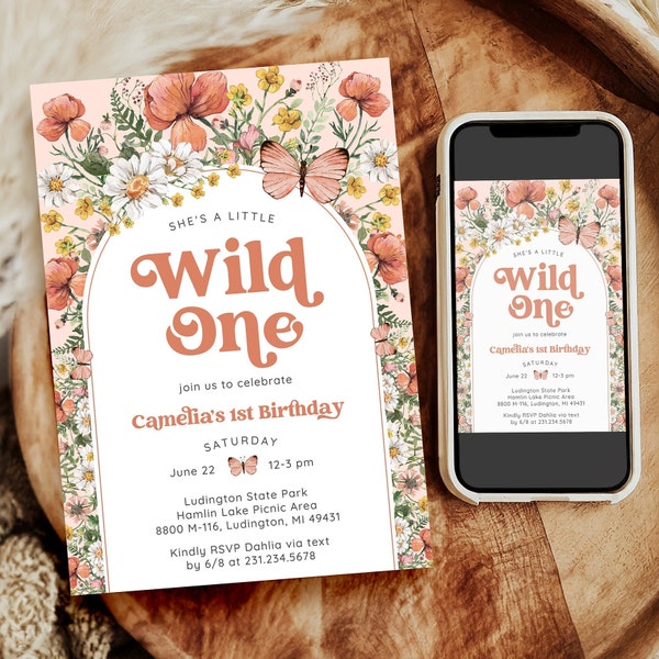 Wildflower 1st Birthday Invitation - Wild One Wildflower Birthday Party - Boho 1st Birthday - Digital and Printable Invite - 1617