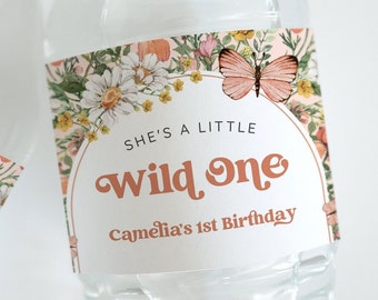 Wildflower 1st Birthday Water Bottle Label Template - Wildflower Party Decor - Boho Butterfly Wildflower Birthday - Digital Download - 1617