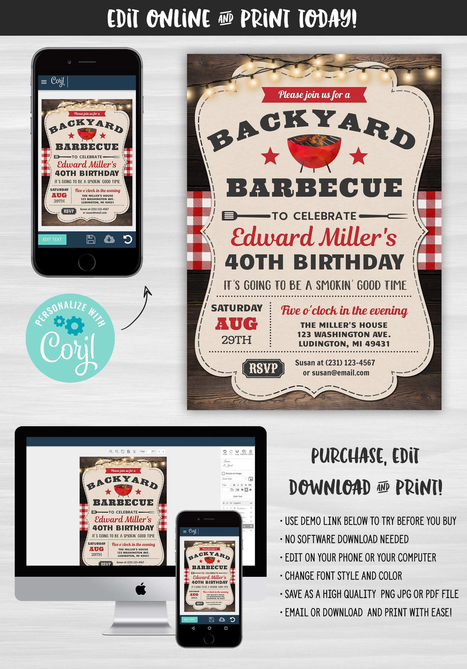 40th BBQ Birthday Invite FORTY Barbecue Summer Party - Etsy