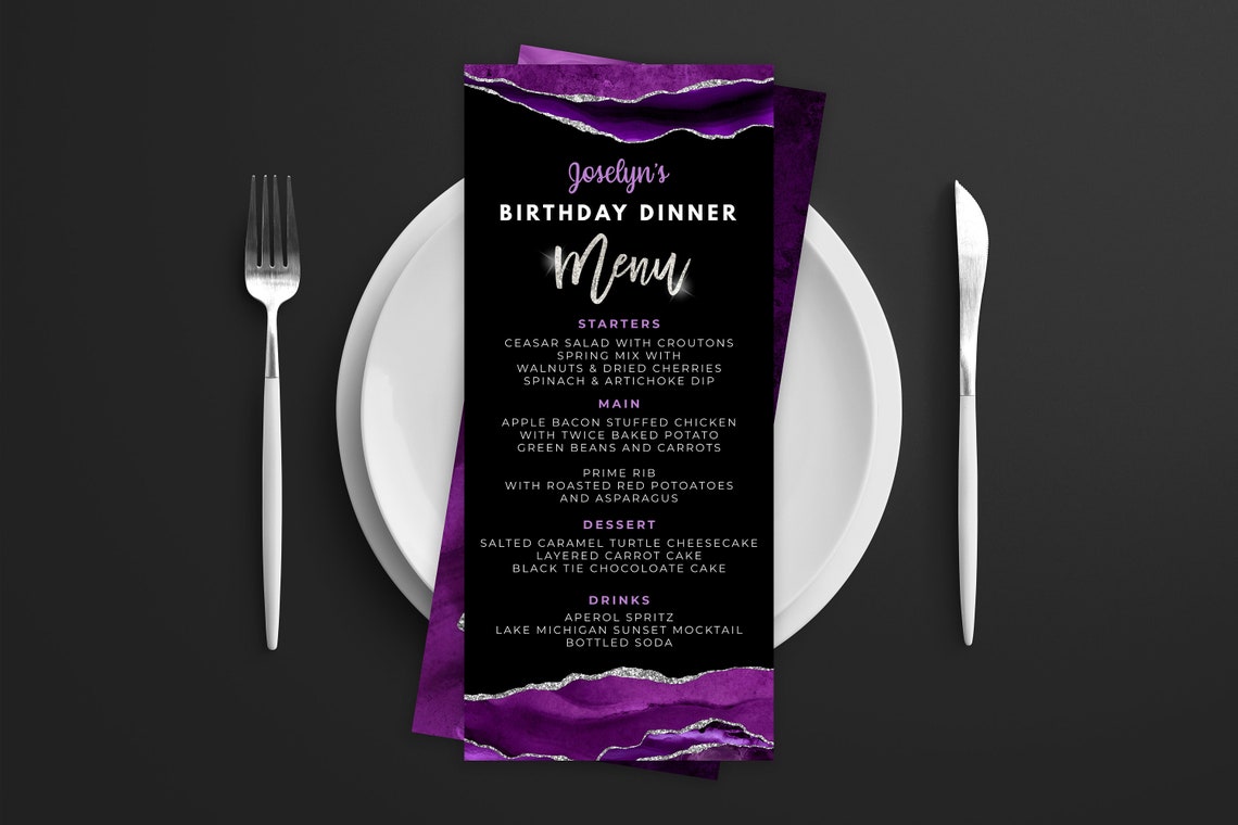 Purple and Silver Menu Card - Menu Template and Drink Menu Event Menu ...