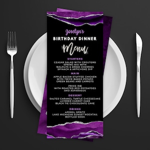 Paarse en zilveren menukaart - menusjabloon en drankje menu evenement menusjabloon digitale instant digitale download afdrukbare bewerkbare AGT APBP