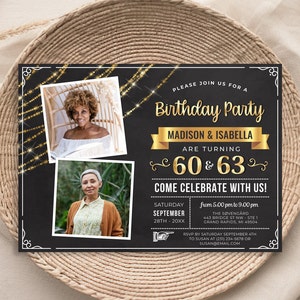 Doppelgelenk Doppel-Geburtstags-Fotoeinladung Party-Foto einladen - Schwarz Gold Digitaler SOFORT-DOWNLOAD 5x7 und 4x6 bearbeitbar B57 B57B