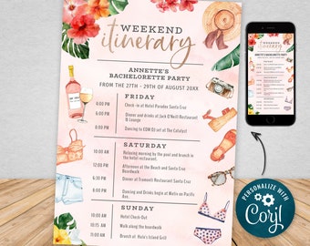 Tarjeta de invitación para despedida de soltera con itinerario de fin de semana en champán, oro rosa - Programa de itinerario de viaje, descarga digital, descarga instantánea - TRPW