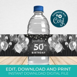 Black and Silver Water Bottle Label Template, Water Wrappers, Birthday Party Favors Editable, Digital Download BPB BGCS