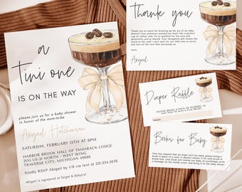 May include: A baby shower invitation with a coffee drink illustration. The invitation is for Abigail Hutchinson and includes the date, time, and location of the shower. It also includes a thank you card and a diaper raffle card.