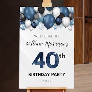 May include: A white welcome sign with blue and silver balloons at the top. The sign says "Welcome to William Morrisons 40th Birthday Party 2-10-XX".