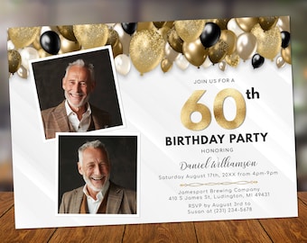 Balloons 60th Birthday 2 Photo Invitation - Adult Birthday Invite - Gold and White - Digital Download - B40 BP40G