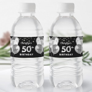 Mall för svart och silverfärgad vattenflasketikett, vattenomslag, redigerbara födelsedagsfestgåvor, digital nedladdning BPB B103S