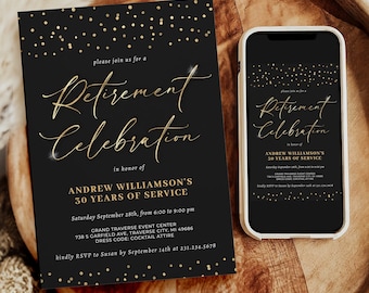 Elegant Retirement Party Invitation Template - Black and Gold Modern Theme - Editable Digital Download - RT1517