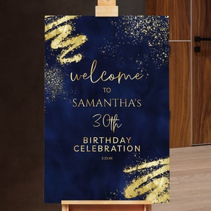 Cartel de bienvenida de cumpleaños en azul marino y dorado, con purpurina, descarga digital instantánea, editable, BPG BP140