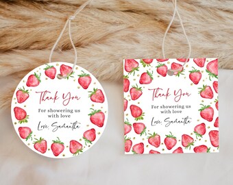 Strawberry Baby Shower Favor Tags - Circle + Square - Berry Sweet Baby Shower - Girl Baby Shower - Printable Digital Download 1418BBS