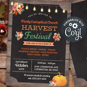 Fall Harvest Festival Invitations Rustic Church Autumn Party Event Invite INSTANT DOWNLOAD Lights Chalk Personalize Editable Printable