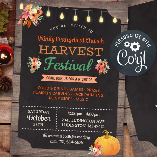 Fall Harvest Festival Invitations Rustic Church Autumn Party Event Invite INSTANT DOWNLOAD Lights Chalk Personalize Editable Printable