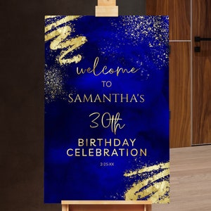 Birthday Welcome Sign Birthday Welcome Poster Royal Blue and Gold Glitter Sparkle Instant Digital Download Editable BPG BP147