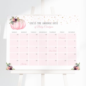 Cartel editable para adivinar la fecha de parto con diseño de calabaza para baby shower - Baby Shower de niña - Baby Shower de otoño - Descarga digital BBS16