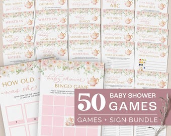 Puede incluir: Un conjunto de 50 juegos para baby shower y un paquete de letreros. Los juegos presentan diseños florales y de tetera en rosa y blanco. Los títulos de los juegos incluyen "Bingo", "ABC" y "Name That Baby Food".