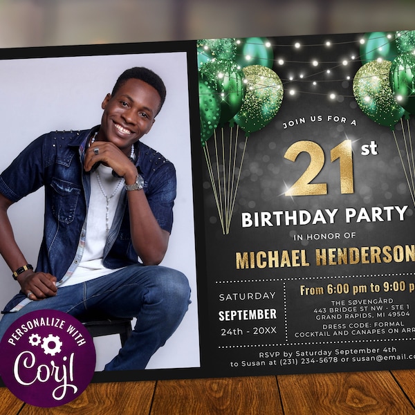 Emerald Green 21st Birthday Invitation with Photo, Party Glitter Sparkle Balloons Digital Instant Download 7x5 Printable Editable BPB B106A