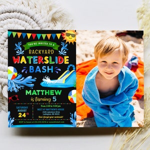 Waterslide Birthday Photo Invitation Boy Birthday Digital & Printable Evite with Thank You, Editable Instant Download WSBPB