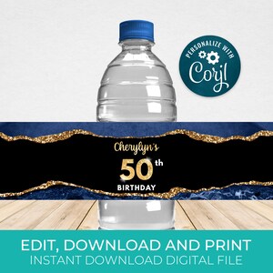 Blue & Gold Water Bottle Label Template, Water Wrappers, Birthday Party Favors Editable, Digital Download AGT APBBLG