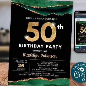 50. Geburtstag einladen FIFTY - Smaragdgrün und Gold Achat Glitter, Erwachsenen Geburtstag einladen Digital Sofort Download Bearbeitbar, AGT APBGG