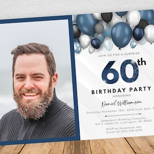 Balloons 60th Birthday Photo Invitation - Adult SIXTY Birthday Invite - Blue & White - Surprise Party - Digital INSTANT download - B40 BP40C