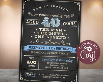 40th Birthday Invitation FORTY Party Vintage Dude The Man The Myth The Legend Blue Digital INSTANT Download Editable adult mens man guys