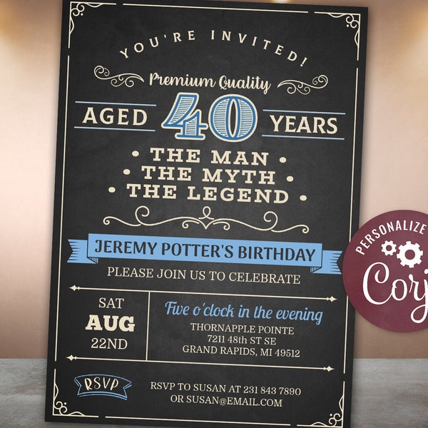 40th Birthday Invitation FORTY Party Vintage Dude The Man The Myth The Legend Blue Digital INSTANT Download Editable adult mens man guys