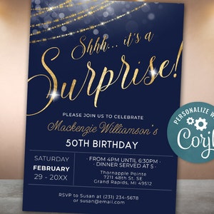 Surprise Birthday Invitation Invite Party Navy & Gold Invitation Glitter Dark Blue Invite Digital INSTANT Download Editable B27F