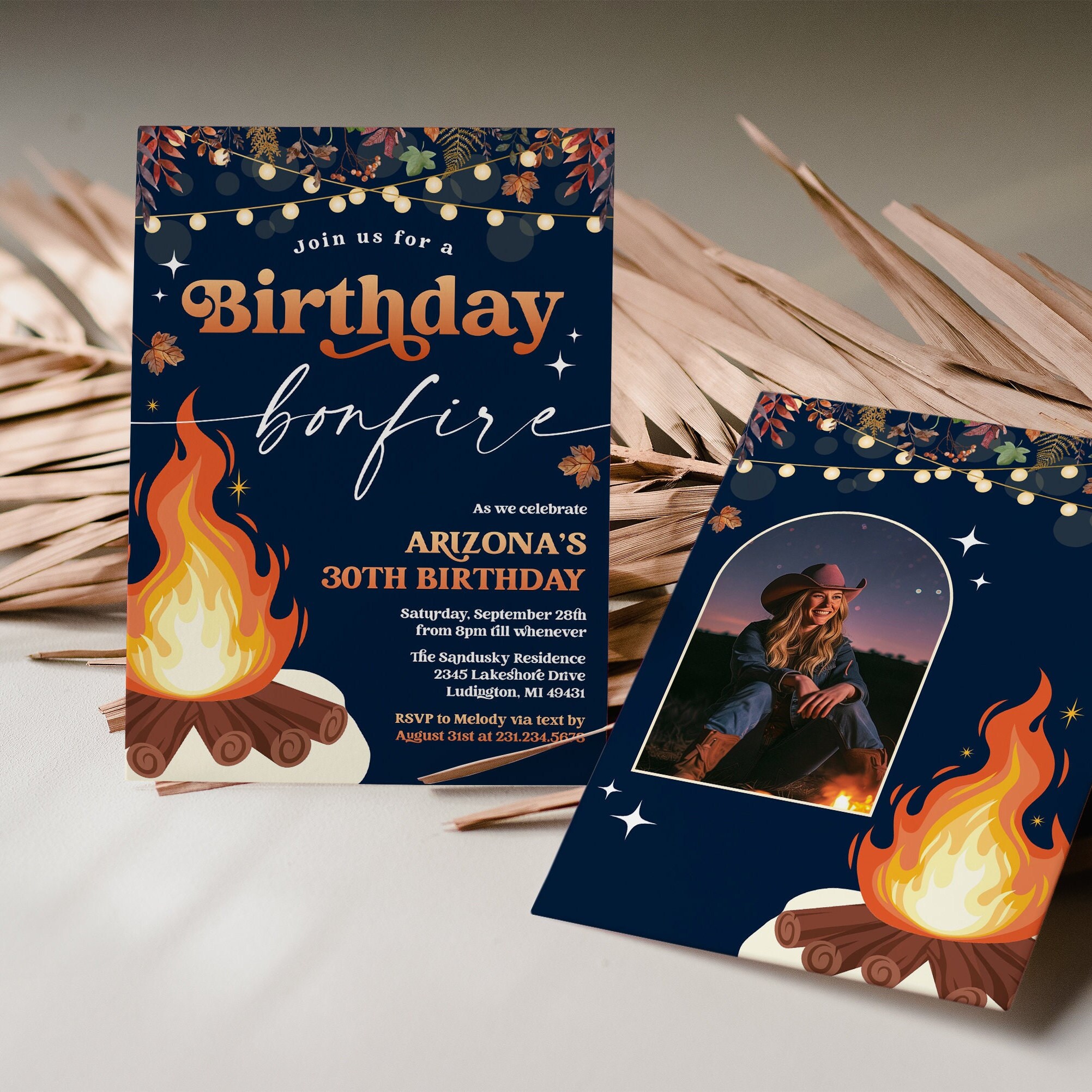 Fall R Invitations Bonfire Modern Birthday Bonfire Invitation - Campfire Fall Birthday Party Photo ...