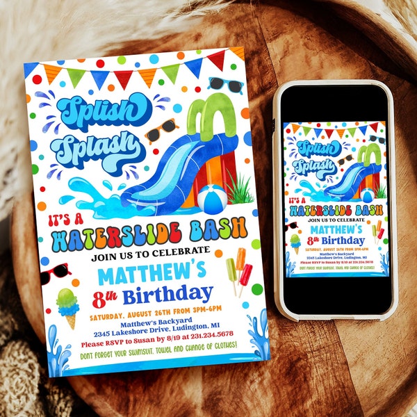 Waterslide Birthday Invitation Boy Birthday Digital & Printable Evite Electronic Invite with Thank You, Editable Instant Download WSBPB V2