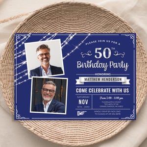 50th Birthday Invitation with 2 Photos - Blue and Silver - Editable Digital Download 5x7 - B57 B57D