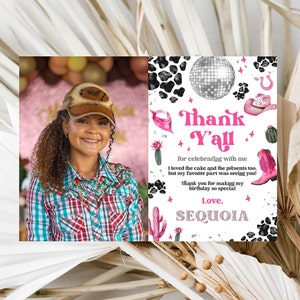 Editable Space Cowgirl Birthday Photo Thank You Card Template - Pink Disco Cowgirl Party - Nashville Party - Instant Download 0600